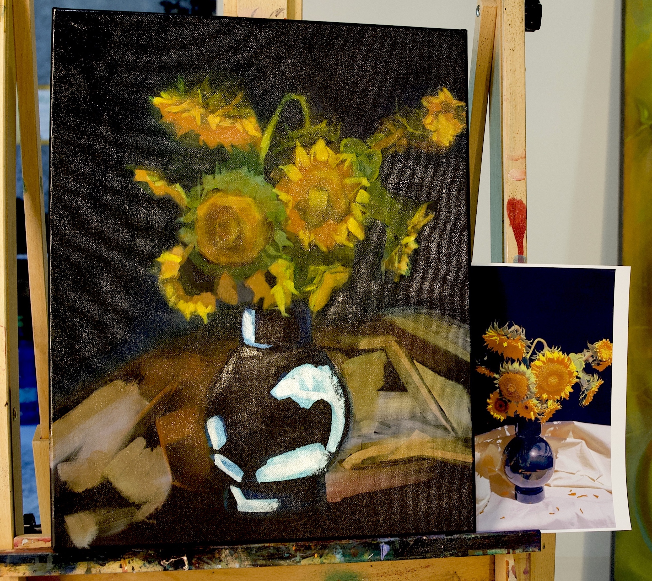 Painting of sunflowers in vase on black background 
